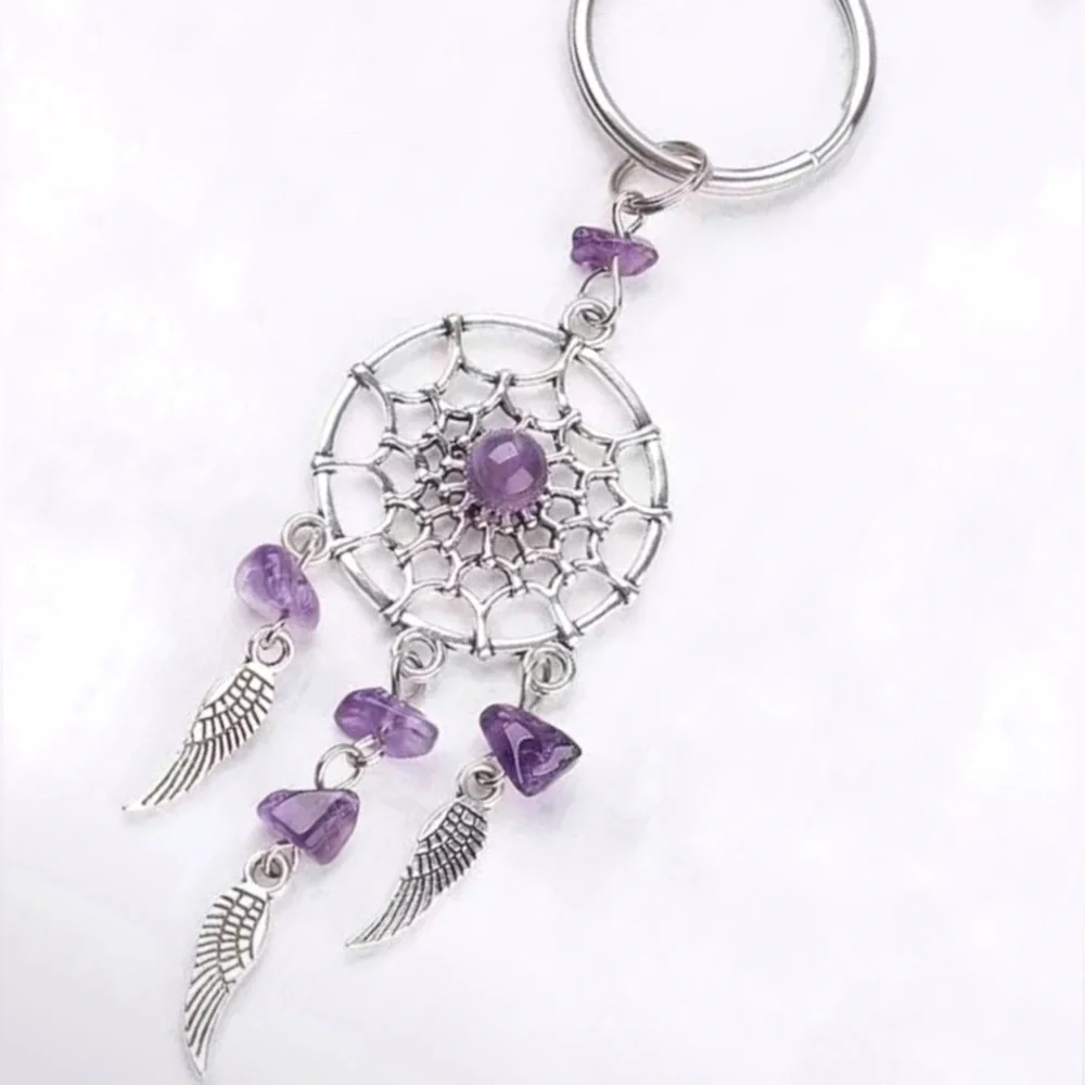 Dream Catcher Native American Keychain Silver Amethyst Purple
